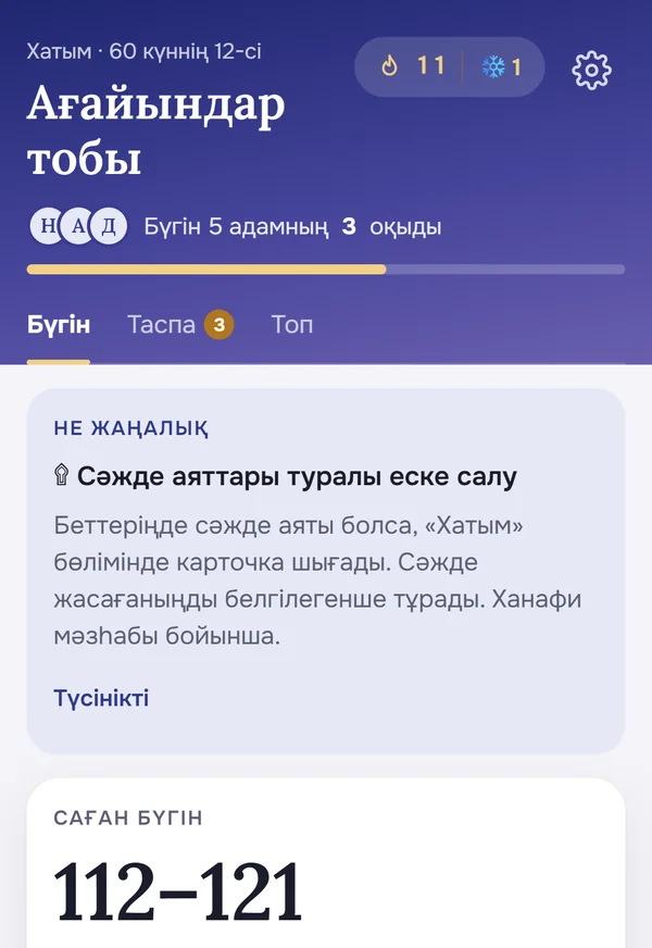 «Хатым» бөлімі: бүгінгі беттер және топ